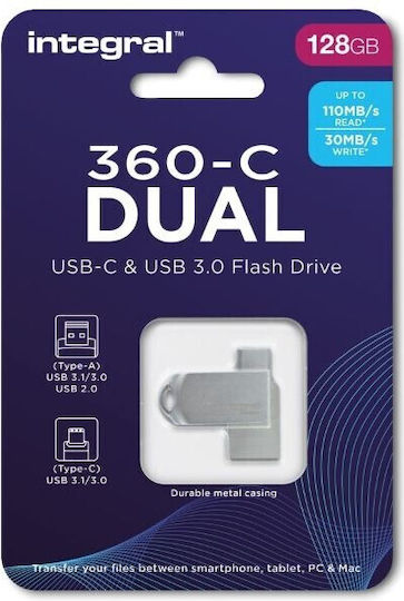 Integral 360 Dual Usb A & Type C 128GB Flash Pen USB 3.1 Silver INFD128GB360C DL3
